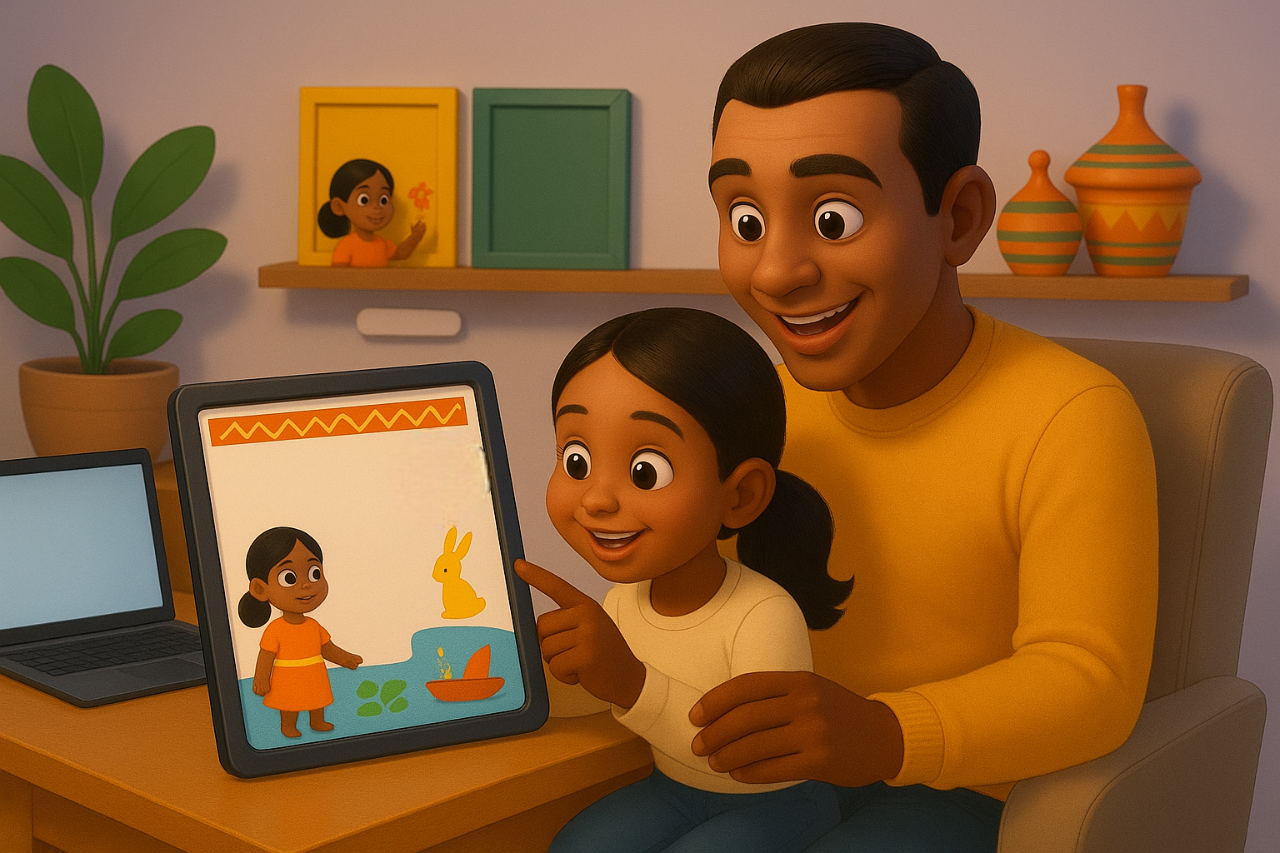 Happy family learning together with educational materials