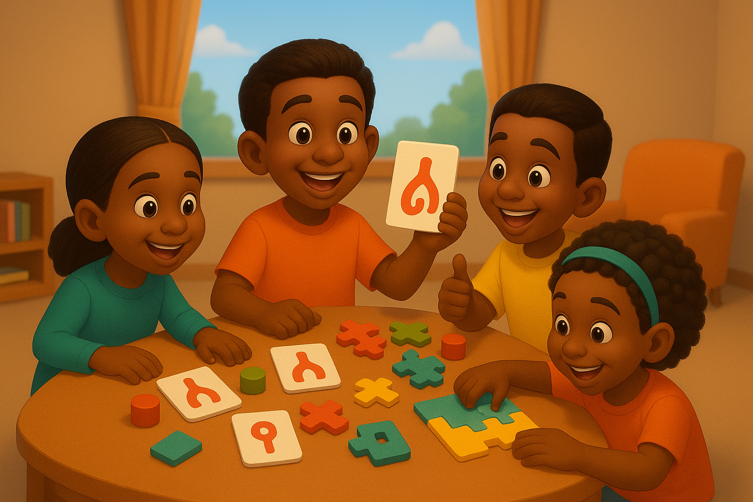Colorful educational quiz cards and learning materials